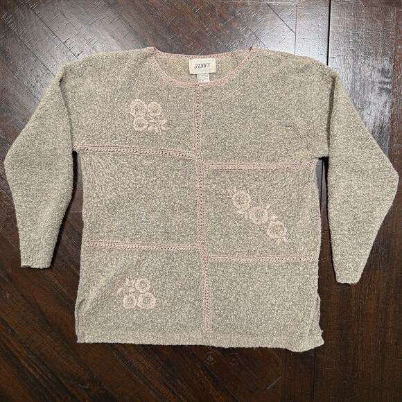 Vintage Jenny Boucle Sweater M Sage Gray Floral Embroidered Bead Cottagecore 90s - Picture 11 of 12